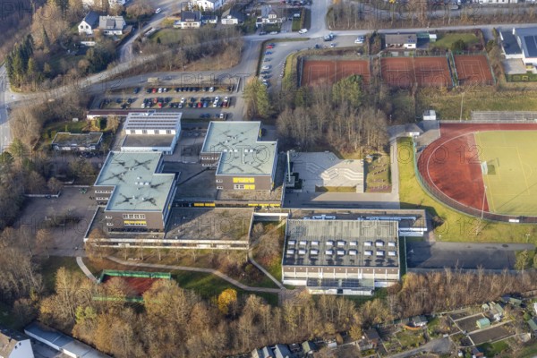 Aerial view, school centre Obringhauser Straße, municipal grammar school, sports field, Wormbach, Schmallenberg, Sauerland, North Rhine-Westphalia, Germany, education, educational institution, DE, Europe, football pitch, football stadium, grammar school, teaching institute, aerial view, aerial photography, aerial photography, Obringhauser Straße, school, sports, sports facilities, sports facility, stadium, tennis, tennis facility, tennis courts, overview, bird's-eye view, overview