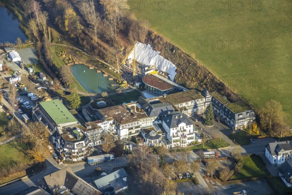 Aerial photo, Romantikhotel und Wellnesshotel Deimann, construction site renovation, Winkhausen, Schmallenberg, Sauerland, North Rhine-Westphalia, Germany, Alte Handelsstraße, construction work, construction, construction area, building site, building plots, construction project, construction site, beerhouse, café, DE, Europe, inn, gastronomy, hotel, hotel facilities, hotel business, aerial view, aerial photography, aerial photography, renovation, restaurant, refurbishment, overview, conversion work, bird's eye view, Zum Sorpetal, birds-eyes view, overview