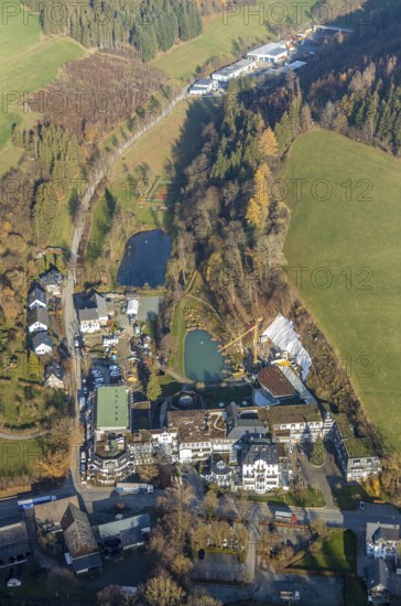Aerial photo, Romantikhotel und Wellnesshotel Deimann, construction site renovation, Winkhausen, Schmallenberg, Sauerland, North Rhine-Westphalia, Germany, Alte Handelsstraße, construction work, construction, construction area, building site, building plots, construction project, construction site, beerhouse, café, DE, Europe, inn, gastronomy, hotel, hotel facilities, hotel business, aerial view, aerial photography, aerial photography, renovation, restaurant, refurbishment, overview, conversion work, bird's eye view, Zum Sorpetal, birds-eyes view, overview