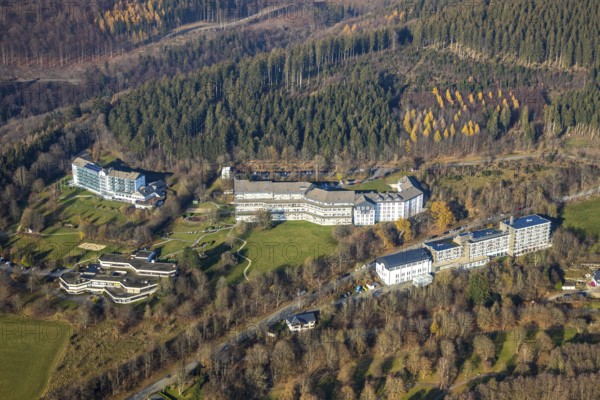 Aerial view, Johannesbad Fachklinik Hochsauerland, Kurklinik Fredeburg Dr Zwick, VdK Kur- u. Erholungshotel North Rhine-Westphalia, Kurmittelhaus, Fredeburg, Schmallenberg, Sauerland, North Rhine-Westphalia, Germany, DE, Europe, healthcare, hospital, clinic, clinic centre, hospital, spa clinic, aerial view, aerial photography, aerial photography, medical facility, medical assistance, emergency service, overview, bird's eye view, forest area, Zu den Drei Buchen, Zum Hallenberg, birds-eyes view, overview, medical care