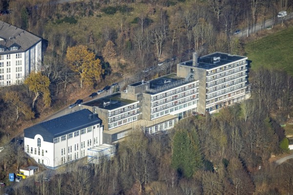 Aerial view, Johannesbad Fachklinik Hochsauerland, Kurklinik Fredeburg Dr. Zwick, Fredeburg, Schmallenberg, Sauerland, North Rhine-Westphalia, Germany, DE, Europe, health care, hospital, clinic, clinic centre, hospital, health clinic, aerial photograph, aerial photography, aerial photography, medical facility, medical aid, emergency service, overview, bird's-eye view, forest area, Zu den Drei Buchen, Zum Hallenberg, birds-eyes view, overview, medical care