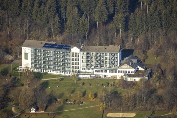 Aerial view, Johannesbad Fachklinik Hochsauerland, VdK Kur- u. Erholungshotel North Rhine-Westphalia, Fredeburg, Schmallenberg, Sauerland, North Rhine-Westphalia, Germany, DE, Europe, health care, hospital, clinic, clinic centre, hospital, health clinic, aerial view, aerial photography, aerial photography, medical facility, medical aid, emergency service, overview, bird's eye view, forest area, Zu den Drei Buchen, Zum Hallenberg, birds-eyes view, overview, medical care