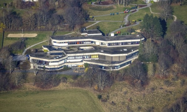 Aerial view, Johannesbad Fachklinik Hochsauerland, Kurmittelhaus, Fredeburg, Schmallenberg, Sauerland, North Rhine-Westphalia, Germany, DE, Europe, healthcare, hospital, clinic, clinic centre, hospital, spa clinic, aerial view, aerial photography, aerial photography, medical facility, medical assistance, emergency service, overview, bird's eye view, forest area, Zu den Drei Buchen, Zum Hallenberg, birds-eyes view, overview, medical care