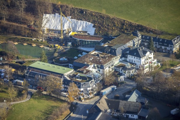 Aerial photo, Romantikhotel und Wellnesshotel Deimann, construction site renovation, Winkhausen, Schmallenberg, Sauerland, North Rhine-Westphalia, Germany, Alte Handelsstraße, construction work, construction, construction area, building site, building plots, construction project, construction site, beerhouse, café, DE, Europe, inn, gastronomy, hotel, hotel facilities, hotel business, aerial view, aerial photography, aerial photography, renovation, restaurant, refurbishment, overview, conversion work, bird's eye view, Zum Sorpetal, birds-eyes view, overview