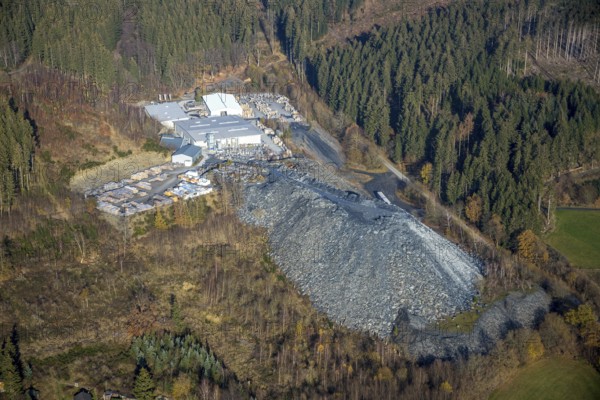 Aerial view, Magog slate mine, Fredeburg, Schmallenberg, Sauerland, North Rhine-Westphalia, Germany, DE, Europe, aerial view, aerial photography, aerial photography, slate mine, slate pit, overview, Magog-Gomer-Bierkeller composite mine, bird's-eye view, forest area, birds-eyes view, overview