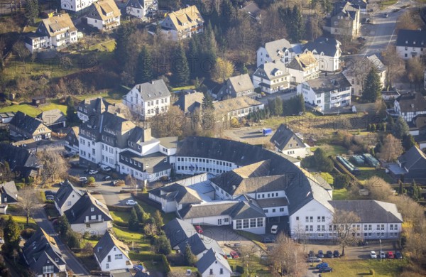 Aerial view, Johannesbad Kliniken Fredeburg Physiotherapie, Fredeburg, Schmallenberg, Sauerland, North Rhine-Westphalia, Germany, DE, Europe, healthcare, hospital, Im Ohle, clinic, clinic centre, hospital, aerial view, aerial photography, aerial photography, medical facility, medical assistance, emergency service, overview, bird's-eye view, overview, medical care