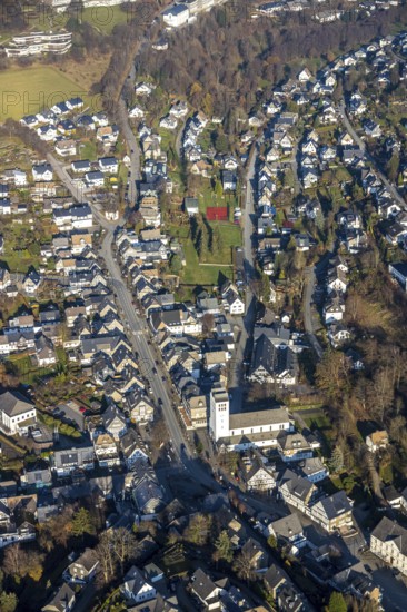 Aerial view, St George's Catholic Church, Fredeburg, Schmallenberg, Sauerland, North Rhine-Westphalia, Germany, place of worship, DE, Europe, half-timbered houses, religious community, place of worship, property tax, holy place, high street, real estate, church, parish, churchyard, denomination, aerial view, aerial photography, aerial photography, religion, religious site, overview, bird's eye view, residential area, living and life, residential area, residential buildings, birds-eyes view, overview