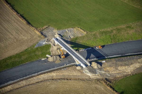 Aerial view, bridge construction bypass road L776n, Fredeburg, Schmallenberg, Sauerland, North Rhine-Westphalia, Germany, construction work, construction, construction area, building site, building plots, construction project, construction site, bridge, DE, Europe, aerial view, aerial photography, aerial photography, new construction, road construction, overview, bird's eye view, birds-eyes view, overview