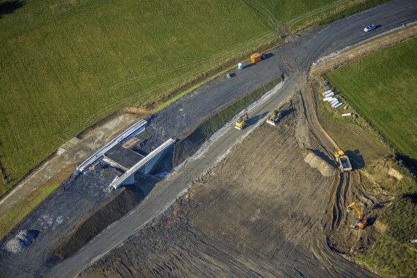 Aerial view, bridge construction bypass road L776n, Fredeburg, Schmallenberg, Sauerland, North Rhine-Westphalia, Germany, construction work, construction, construction area, building site, building plots, construction project, construction site, bridge, DE, Europe, aerial view, aerial photography, aerial photography, new construction, road construction, overview, bird's eye view, birds-eyes view, overview