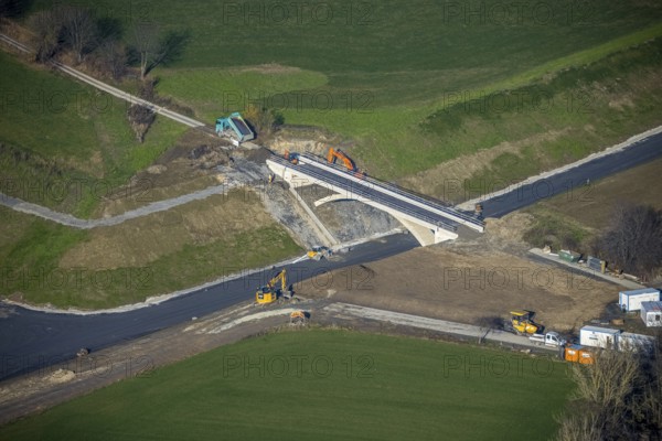 Aerial view, bridge construction bypass road L776n, Fredeburg, Schmallenberg, Sauerland, North Rhine-Westphalia, Germany, construction work, construction, construction area, building site, building plots, construction project, construction site, bridge, DE, Europe, aerial view, aerial photography, aerial photography, new construction, road construction, overview, bird's eye view, birds-eyes view, overview