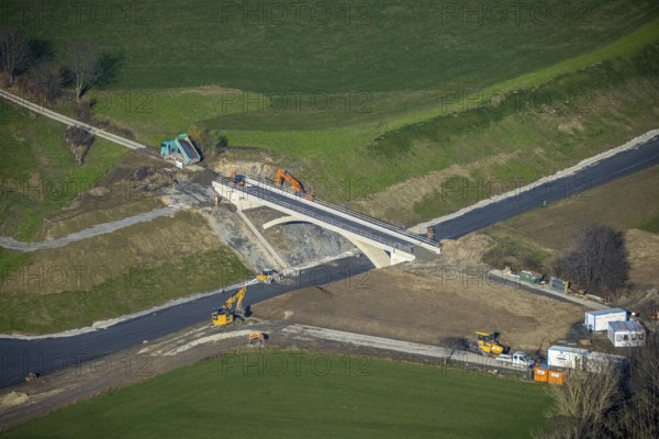 Aerial view, bridge construction bypass road L776n, Fredeburg, Schmallenberg, Sauerland, North Rhine-Westphalia, Germany, construction work, construction, construction area, building site, building plots, construction project, construction site, bridge, DE, Europe, aerial view, aerial photography, aerial photography, new construction, road construction, overview, bird's eye view, birds-eyes view, overview