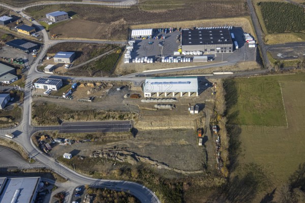 Aerial view, industrial park Hochsauerland, federal road B511, Bad Fredeburg, Wormbach, Schmallenberg, Sauerland, North Rhine-Westphalia, Germany, DE, Europe, commercial enterprises, commercial area, commercial park, commercial location, commercial use, industrial area, industrial building, industrial location, aerial view, aerial photography, aerial photography, overview, Ulmenweg, bird's-eye view, WGS Westfälischer Gastronomie Service GmbH, birds-eyes view, overview