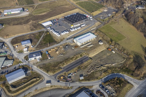 Aerial view, industrial park Hochsauerland, federal road B511, Bad Fredeburg, Wormbach, Schmallenberg, Sauerland, North Rhine-Westphalia, Germany, DE, Europe, commercial enterprises, commercial area, commercial park, commercial location, commercial use, industrial area, industrial building, industrial location, aerial view, aerial photography, aerial photography, overview, Ulmenweg, bird's-eye view, WGS Westfälischer Gastronomie Service GmbH, birds-eyes view, overview
