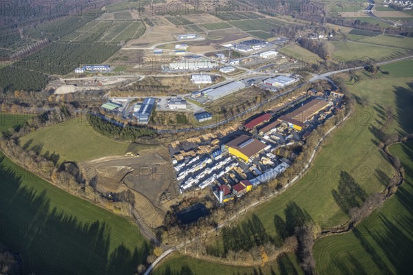 Aerial view, industrial park Hochsauerland, federal road B511, Bad Fredeburg, Wormbach, Schmallenberg, Sauerland, North Rhine-Westphalia, Germany, Bettenkamp, DE, Dickel-Holz GmbH, Europe, commercial enterprises, commercial area, commercial park, commercial location, commercial use, industrial area, industrial building, industrial location, aerial photograph, aerial photography, aerial photography, overview, bird's-eye view, overview