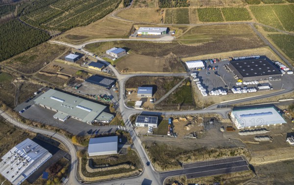 Aerial view, industrial park Hochsauerland, federal road B511, Bad Fredeburg, Wormbach, Schmallenberg, Sauerland, North Rhine-Westphalia, Germany, DE, Europe, commercial enterprises, commercial area, commercial park, commercial location, commercial use, industrial area, industrial building, industrial location, aerial view, aerial photography, aerial photography, overview, Ulmenweg, bird's-eye view, WGS Westfälischer Gastronomie Service GmbH, birds-eyes view, overview