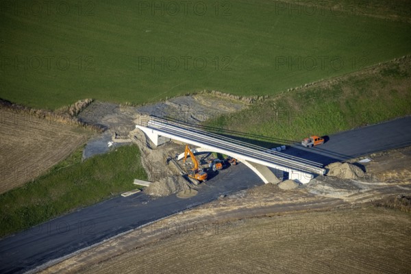 Aerial view, bridge construction bypass road L776n, Fredeburg, Schmallenberg, Sauerland, North Rhine-Westphalia, Germany, construction work, construction, construction area, building site, building plots, construction project, construction site, bridge, DE, Europe, aerial view, aerial photography, aerial photography, new construction, road construction, overview, bird's eye view, birds-eyes view, overview