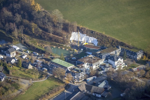 Aerial photo, Romantikhotel und Wellnesshotel Deimann, construction site renovation, Winkhausen, Schmallenberg, Sauerland, North Rhine-Westphalia, Germany, Alte Handelsstraße, construction work, construction, construction area, building site, building plots, construction project, construction site, beerhouse, café, DE, Europe, inn, gastronomy, hotel, hotel facilities, hotel business, aerial view, aerial photography, aerial photography, renovation, restaurant, refurbishment, overview, conversion work, bird's eye view, Zum Sorpetal, birds-eyes view, overview