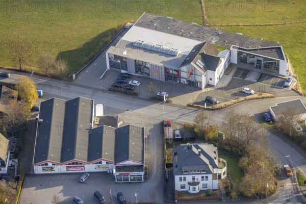 Aerial view, commercial area, Vollmers-Dünnebacke GmbH, shopping centre Markant, Schmallenberg, Sauerland, North Rhine-Westphalia, Germany, Auf der Lake, Bahnhofstraße, DE, Europe, commercial enterprises, commercial area, commercial park, commercial location, commercial use, industrial area, industrial building, industrial location, aerial photograph, aerial photography, aerial photography, overview, bird's-eye view, birds-eyes view, overview