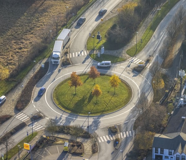 Aerial view, roundabout B236, Bahnhofstraße, Schmallenberg, Sauerland, North Rhine-Westphalia, Germany, DE, Europe, roundabout, roundabout, aerial view, aerial photography, aerial photography, road traffic, overview, bird's-eye view, overview