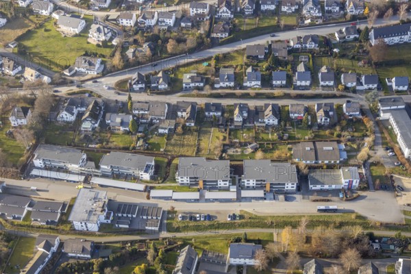 Aerial view, construction site, new residential quarter Am Alten Bahnhof, Schmallenberg, Sauerland, North Rhine-Westphalia, Germany, construction area, construction site, building plots, construction project, DE, Europe, property tax, real estate, Kotthoff Immobilien, aerial view, aerial photography, aerial photography, new construction, overview, bird's eye view, residential complex, living and living, residential area, residential buildings, birds-eyes view, overview