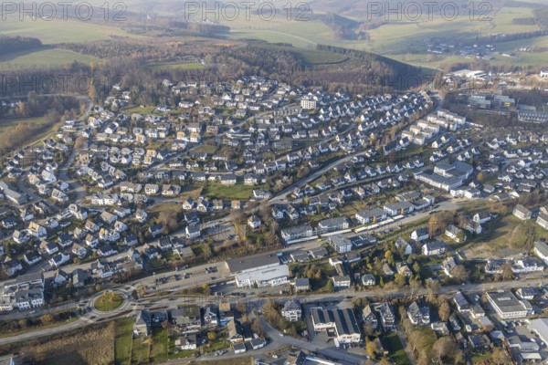 Aerial view, construction site, new residential quarter Am Alten Bahnhof, local view, Schmallenberg, Sauerland, North Rhine-Westphalia, Germany, construction area, building site, building plots, construction project, DE, Europe, Kotthoff Immobilien, aerial view, aerial photography, aerial photography, new construction, overview, bird's-eye view, overview