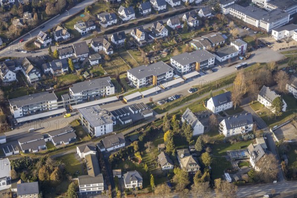 Aerial view, construction site, new residential quarter Am Alten Bahnhof, Schmallenberg, Sauerland, North Rhine-Westphalia, Germany, construction area, construction site, building plots, construction project, DE, Europe, Kotthoff Immobilien, aerial view, aerial photography, aerial photography, new construction, overview, bird's-eye view, overview