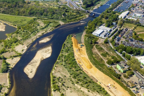 Aerial view, new mouth of the river Lippe near Wesel, Rhine, Rhine harbour, federal road connection B8 and B58, Wesel, Lower Rhine, Ruhr area, North Rhine-Westphalia, Germany