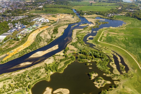 Aerial view, new mouth of the river Lippe near Wesel, Rhine, Rhine harbour, federal road connection B8 and B58, Wesel, Lower Rhine, Ruhr area, North Rhine-Westphalia, Germany