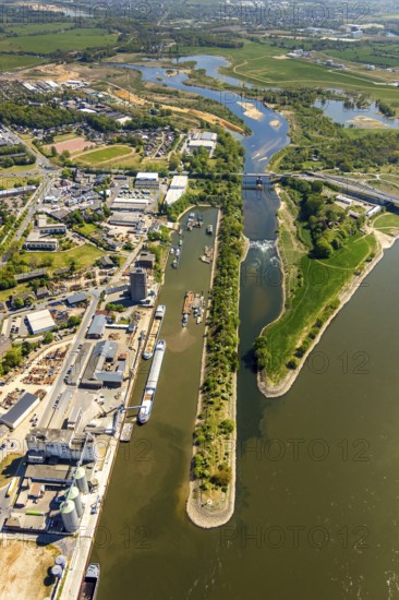 Aerial view, new mouth of the river Lippe near Wesel, Rhine, Rhine harbour, federal road connection B8 and B58, Wesel, Lower Rhine, Ruhr area, North Rhine-Westphalia, Germany