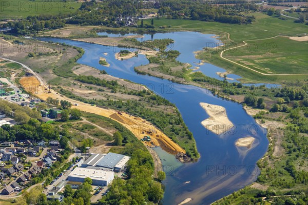 Aerial view, new mouth of the river Lippe near Wesel, Rhine, Rhine harbour, federal road connection B8 and B58, Wesel, Lower Rhine, Ruhr area, North Rhine-Westphalia, Germany