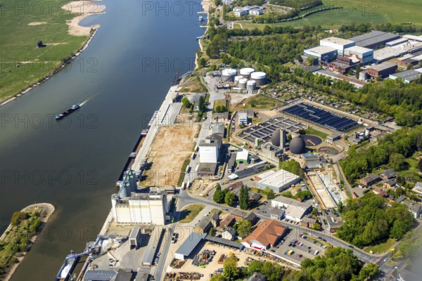 Aerial view, new mouth of the river Lippe near Wesel, Rhine, Rhine harbour, federal road connection B8 and B58, Wesel, Lower Rhine, Ruhr area, North Rhine-Westphalia, Germany