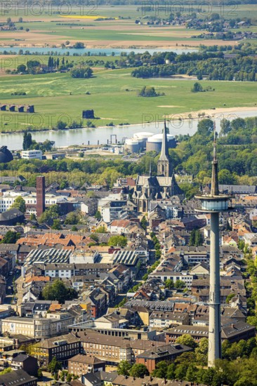 Aerial view, TV tower Wesel Langer Heinrich, protestant church Willibrordi-Dom, river Rhine, centre, Wesel, Ruhr area, Lower Rhine, North Rhine-Westphalia, Germany