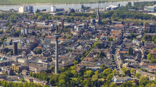 Aerial view, TV tower Wesel Langer Heinrich, protestant church Willibrordi-Dom, river Rhine, old water tower, centre, Wesel, Ruhr area, Lower Rhine, North Rhine-Westphalia, Germany