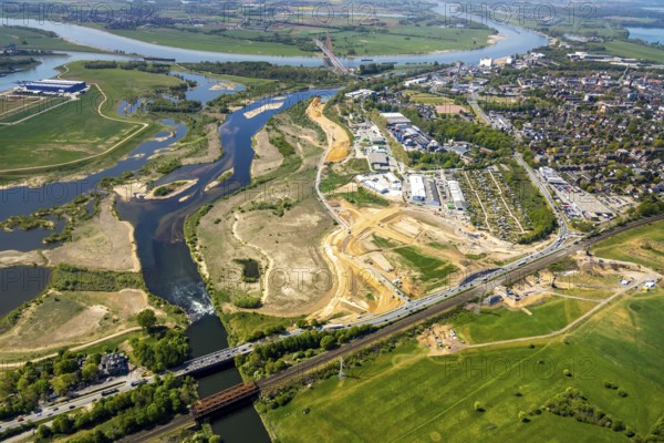 Aerial view, new mouth of the river Lippe near Wesel, Rhine, Rhine harbour, federal road connection B8 and B58, Wesel, Lower Rhine, Ruhr area, North Rhine-Westphalia, Germany