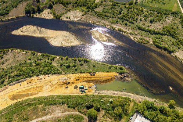 Aerial view, new mouth of the river Lippe near Wesel, Rhine, Rhine harbour, federal road connection B8 and B58, Wesel, Lower Rhine, Ruhr area, North Rhine-Westphalia, Germany