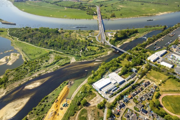 Aerial view, new mouth of the river Lippe near Wesel, Rhine, Rhine harbour, federal road connection B8 and B58, Wesel, Lower Rhine, Ruhr area, North Rhine-Westphalia, Germany