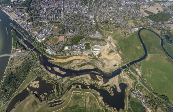Aerial view, new mouth of the river Lippe near Wesel, Rhine, Rhine harbour, federal road connection B8 and B58, Wesel, Lower Rhine, Ruhr area, North Rhine-Westphalia, Germany