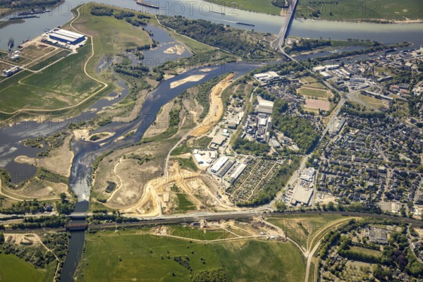 Aerial view, new mouth of the river Lippe near Wesel, Rhine, Rhine harbour, federal road connection B8 and B58, Wesel, Lower Rhine, Ruhr area, North Rhine-Westphalia, Germany