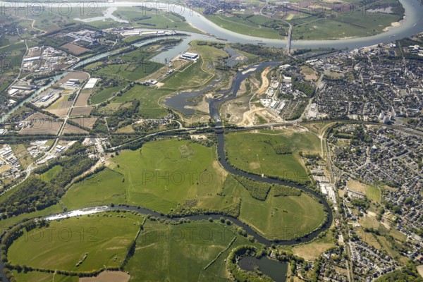 Aerial view, new mouth of the river Lippe near Wesel, Rhine, Rhine harbour, federal road connection B8 and B58, Wesel, Lower Rhine, Ruhr area, North Rhine-Westphalia, Germany