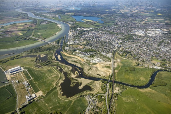 Aerial view, new mouth of the river Lippe near Wesel, Rhine, Rhine harbour, federal road connection B8 and B58, Wesel, Lower Rhine, Ruhr area, North Rhine-Westphalia, Germany