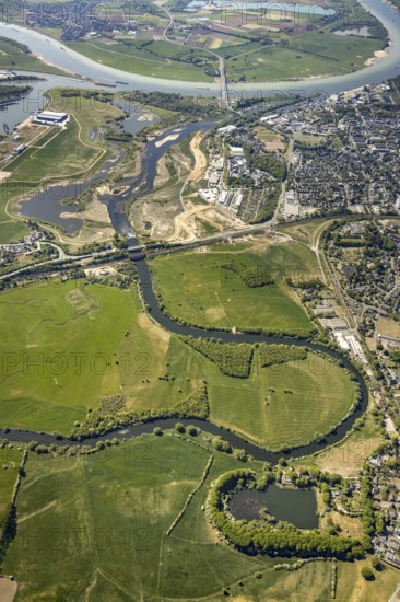 Aerial view, new mouth of the river Lippe near Wesel, Rhine, Rhine harbour, federal road connection B8 and B58, Wesel, Lower Rhine, Ruhr area, North Rhine-Westphalia, Germany