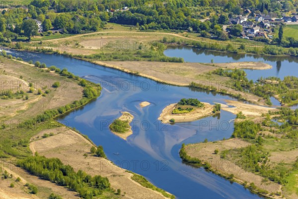 Aerial view, new mouth of the river Lippe near Wesel, Rhine, Rhine harbour, federal road connection B8 and B58, Wesel, Lower Rhine, Ruhr area, North Rhine-Westphalia, Germany