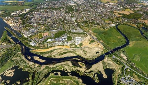 Aerial view, new mouth of the river Lippe near Wesel, Rhine, Rhine harbour, federal road connection B8 and B58, Wesel, Lower Rhine, Ruhr area, North Rhine-Westphalia, Germany