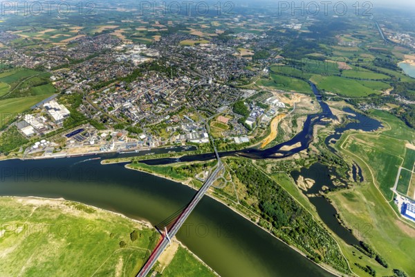 Aerial view, new mouth of the river Lippe near Wesel, Rhine, Rhine harbour, federal road connection B8 and B58, Wesel, Lower Rhine, Ruhr area, North Rhine-Westphalia, Germany