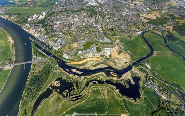 Aerial view, new mouth of the river Lippe near Wesel, Rhine, Rhine harbour, federal road connection B8 and B58, Wesel, Lower Rhine, Ruhr area, North Rhine-Westphalia, Germany