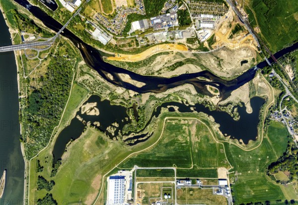 Aerial view, new mouth of the river Lippe near Wesel, Rhine, Rhine harbour, federal road connection B8 and B58, Wesel, Lower Rhine, Ruhr area, North Rhine-Westphalia, Germany