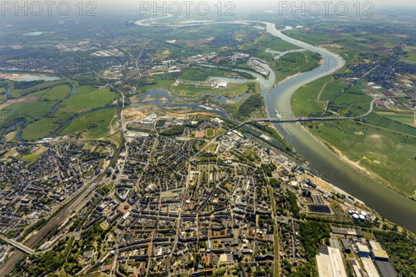 Aerial view, new mouth of the river Lippe near Wesel, Rhine, Rhine harbour, federal road connection B8 and B58, Wesel, Lower Rhine, Ruhr area, North Rhine-Westphalia, Germany
