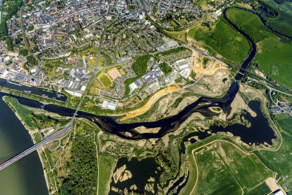 Aerial view, new mouth of the river Lippe near Wesel, Rhine, Rhine harbour, federal road connection B8 and B58, Wesel, Lower Rhine, Ruhr area, North Rhine-Westphalia, Germany
