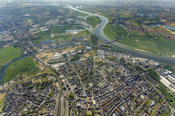 Aerial view, new mouth of the river Lippe near Wesel, Rhine, Rhine harbour, federal road connection B8 and B58, Wesel, Lower Rhine, Ruhr area, North Rhine-Westphalia, Germany