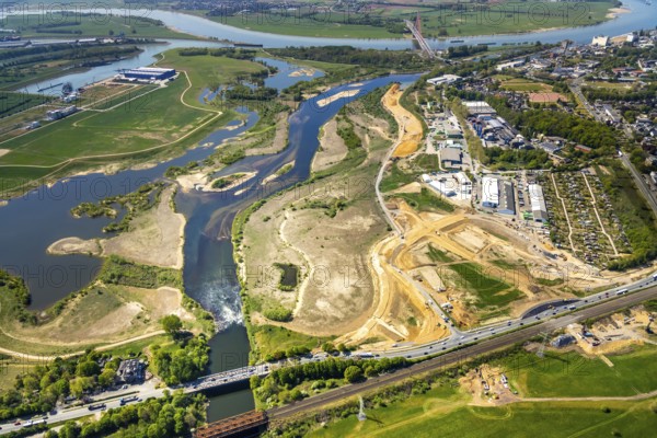 Aerial view, new mouth of the river Lippe near Wesel, Rhine, Rhine harbour, federal road connection B8 and B58, Wesel, Lower Rhine, Ruhr area, North Rhine-Westphalia, Germany